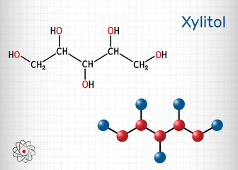 Xylitol,  C5H12O5 molecule. It is polyalcohol and sugar alcohol, an alditol. Is used as food additive E967 and sugar substitute.  Sheet of paper in a cage