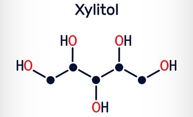Xylitol,  C5H12O5 molecule. It is polyalcohol and sugar alcohol, an alditol. Is used as food additive E967 and sugar substitute.  Structural chemical formula. Vector illustration