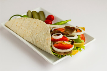 Traditional Turkish kebab doner,wrapped with flat bread,lavas 
