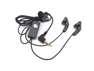 Earphones for mobile phone isolated on white background. Black earbud for smartphone.
