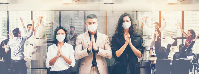 concept of coronavirus covid 19 protection, business people wearing medical mask and pay respect, banner artwork