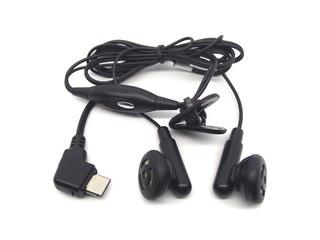 Earphones for mobile phone isolated on white background. Black earbud for smartphone.