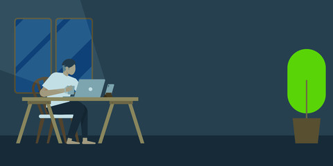 work from home, work space. flat design Work desktop top view, office desk table with laptop. work at home. living room. working room. dark mode.