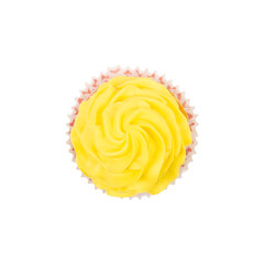 Cupcake with yellow butter cream frosting isolated on white background.