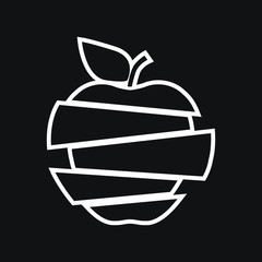 Sliced apple. Vector outline abstract apple isolated on black background. White outline sliced apple. Flat style.