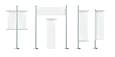 Vector set of blank, textile banners or flags in various shapes, for brand promotion, marketing, advertisement isolated on background. Outdoor, portable pole with cloth, mockup for your design.