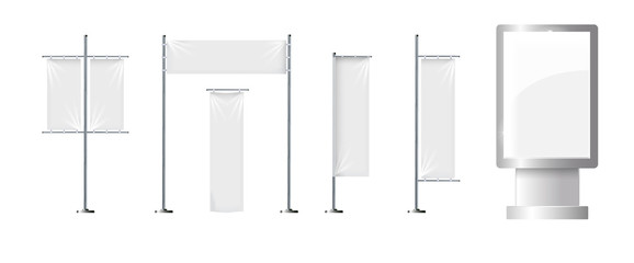 Vector set of blank, textile banners or flags in various shapes, for brand promotion, marketing, advertisement isolated on background. Outdoor, portable pole with cloth, mockup for your design.