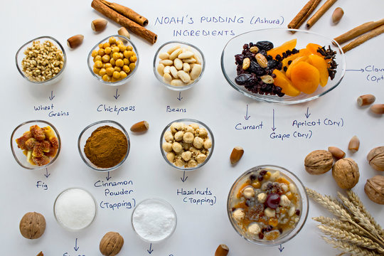 All ingredients of Traditional Dessert Noah's Pudding or Asure in glass bowls and hand writing names of them in English on white surface.Top view.