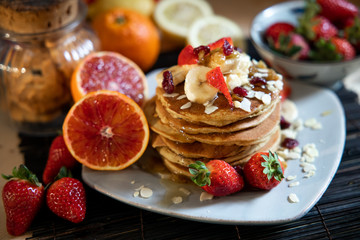 pankake breakfast with yogurt honey and strawberries
