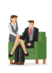 Businessman and woman sitting on the couch. Concept of relationship in the office.