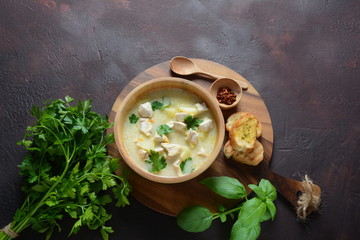 Creamy soup with chicken and vegetables 