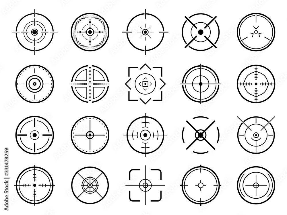 Poster sniper aim pointer. target navigation, sniper weapon mark cursor, different focus military sight and