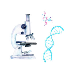 watercolor drawing - microscope, DNA, molecules, research on viruses