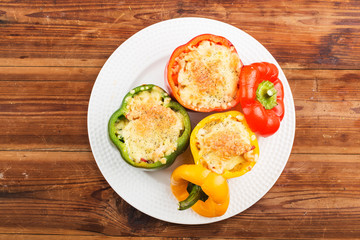 Seafood rice with cheese, stuffed peppers with rice and minced meat. .Grilled green pepper with cheese