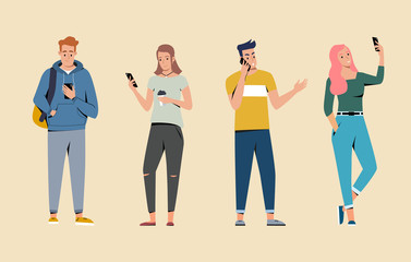 Young men and women using smartphones. People communicate and making selfie in your phone.
