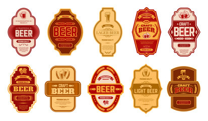 Beer vintage labels. Retro beers brewery badges, alcohol craft vintage lager can or bottle symbols vector isolated illustration set. Old label beer, typography premium badge lettering