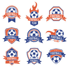 Naklejka premium Soccer club emblem. Football badge shield logo, soccer ball team game club elements, soccer competition and championship vector isolated icon set. Shield football championship or team illustration