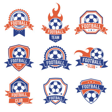 Soccer club emblem. Football badge shield logo, soccer ball team game club elements, soccer competition and championship vector isolated icon set. Shield football championship or team illustration