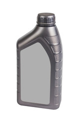 Plastic container for motor oil isolated on white background, 1 liter bottle canister. Engine oil bottle for spare parts.