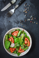 healthy salad tomato, mix leaves, onions and other ingredients, vegan, keto or paleo menu concept. top food background. copy space for text