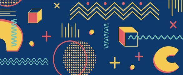 Abstract flat vector pattern. Memphis style geometric texture. Illustration in trendy yellow, red, dark and light blue colors. Background, backdrop or horizontal banner for web design.