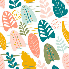 Vector tropical seamless pattern. Colorful tropical background. Seamless texture with floral ornament for fabric, wallpaper, cover and more