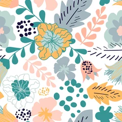 Foto auf Acrylglas Seamless pattern with colorful pretty flowers, leaves and floral elements. Cute floral design for baby products, fabric, wallpaper and more © scifilullaby
