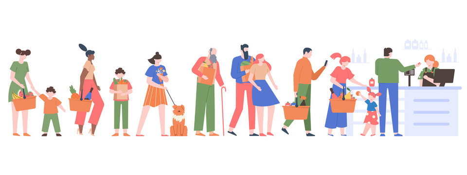 People Grocery Queue. Characters Crowd Waiting In Cashier Line, Customers In Supermarket, Grocery Store Long Queue Vector Isolated Illustration. People Grocery Market, Customer In Supermarket
