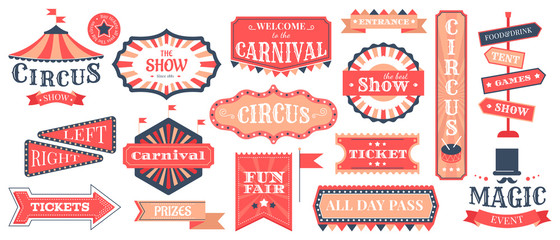 Circus event labels. Carnival magic show elements, vintage fair frames and circus signs, retro festival templates vector illustration set. Circus entertainment and carnival, show announcement - obrazy, fototapety, plakaty