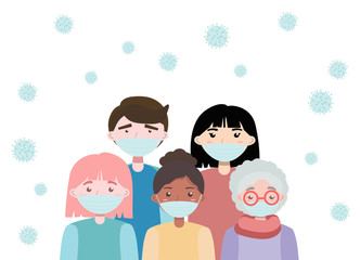 Group of People with protective face masks and Coronavirus CoV. Quarantine and virus infection. Stop COVID-19, 2019-nCoV Novel Coronavirus. 