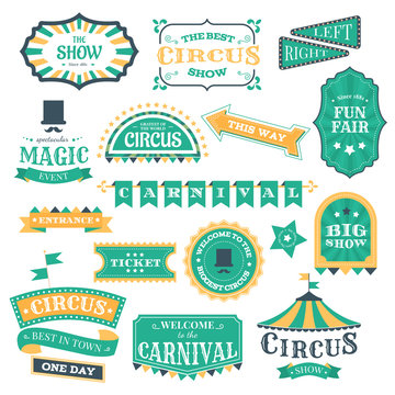 Circus vintage badges. Magic circus carnival retro signs, circus show invitation elements and festival fair event vector illustration icon set. Circus carnival, entertainment show sticker illustration