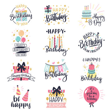 Happy birthday logo badge. Greeting lettering, cake, balloons and candle birthday greeting card decoration design vector illustration icons set. Greeting celebrate label, birthday celebration logo