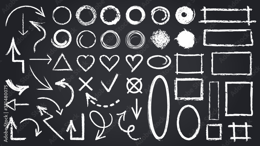 Poster sketch chalk elements. sketch chalkboard elements, hand drawn graphic arrows, frames, round and rect