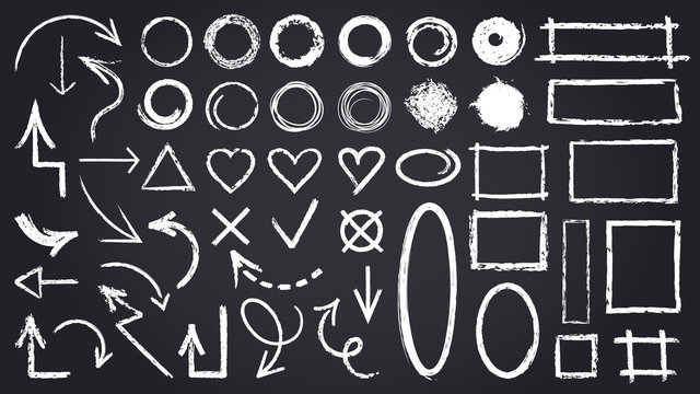 Sketch chalk elements. Sketch chalkboard elements, hand drawn graphic arrows, frames, round and rectangle shapes isolated vector icons set. Illustration round mark, cross tick rectangle shape sketch