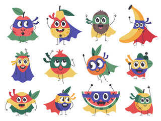 Superhero fruit. Cute, funny superhero fruits characters, brave banana, strawberry and lemon mascots in cloak costume isolated vector icons set. Brave fruits in cloak, pear and plum mask illustration