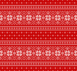 Christmas pattern. Seamless red and white nordic pixel pattern with snowflakes for Christmas and New Year wrapping, packaging, fabrics, or other designs.