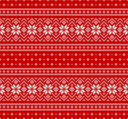 Wallpaper murals Christmas motifs Christmas pattern. Seamless red and white nordic pixel pattern with snowflakes for Christmas and New Year wrapping, packaging, fabrics, or other designs.