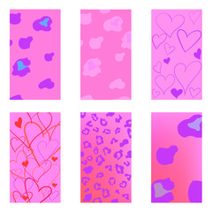 Set of backgrounds with hearts and leopard pattern