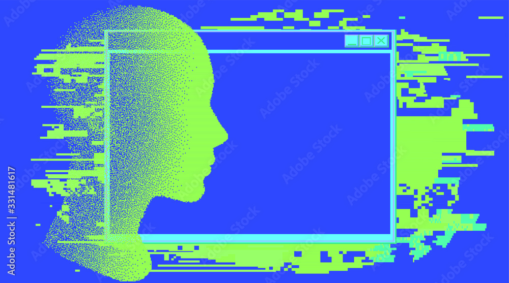 Poster human head made of particles with glitch art effect. futuristic cyberpunk style vector illustration,
