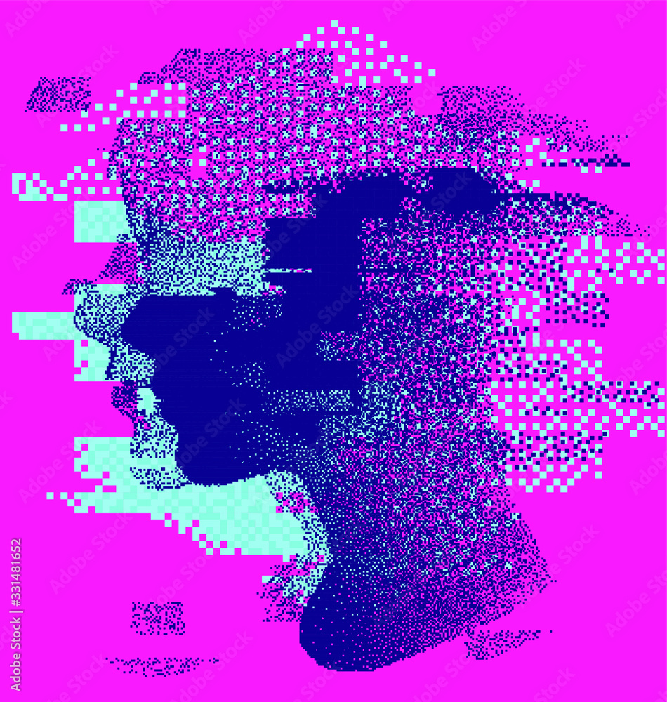 Poster human head made of particles with glitch art effect. futuristic cyberpunk style vector illustration,