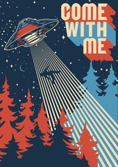 UFO abducts man colorful poster - obrazy, fototapety, plakaty