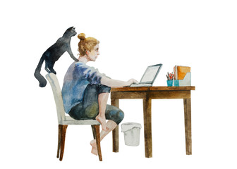 Young woman working from home and distracted by her black cat . Original watercolor illustration of home quarantine process, isolated on white background