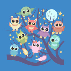 The set of ten cute owls on night  forest background. Vector illustration for prints, background, cards, banners and design.