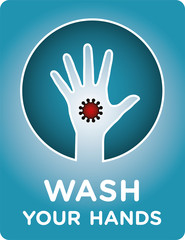 Obraz premium Wash your hands. Hand with coronavirus symbol. Vector banner.