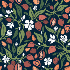 Almond seamless pattern. Vector floral color print