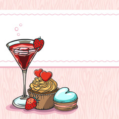 Greeting template with cocktail, cupcake and macaron. Valentine's day design.