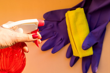 cleaning equipment, rubber gloves, cleaning cloths.Cleaning service concept. Early spring regular...