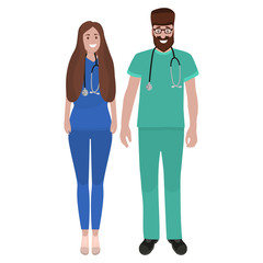 Young male and female doctors with stethoscope in a hospital. Cartoon flat, vector illustration