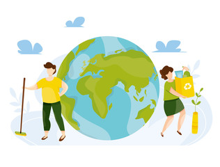 Vector ecology concept. People take care about planet ecology. Protect nature and ecology banner. Earth day. Globe with trees, plants and volunteer people. People cleaning garbage on Earth area.