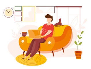 Modern vector illustration of working at home. Man work in comfortable conditions. Home office. Freelancer with cat, plant. Epidemic quarantine. Self employed concept. Businessman with laptop.